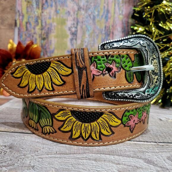 WOMEN\'S SUNFLOWER WESTERN LEATHER BELT, COWGIRL HANDTOOLED HANDPAINTED SZ 36 main image 4